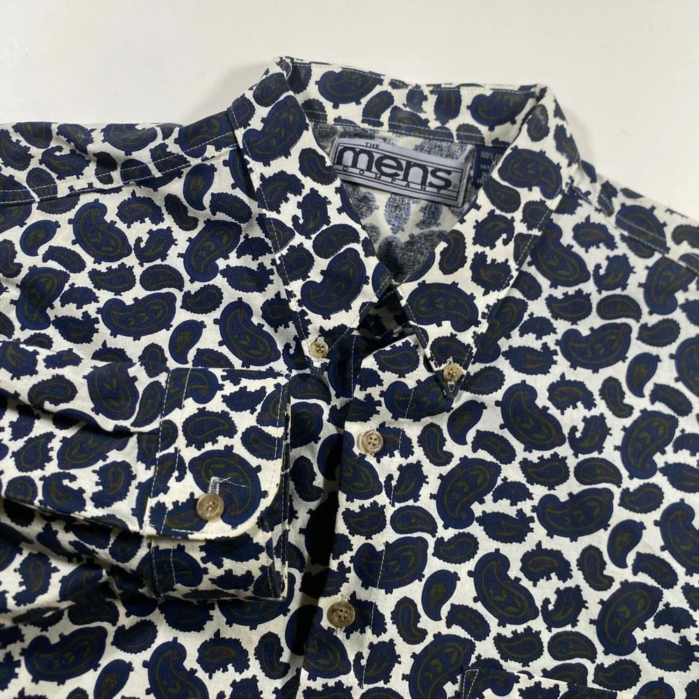 The Mens Company Paisley Button Down Shirt Men XL Blue White Cotton Vintage 2992